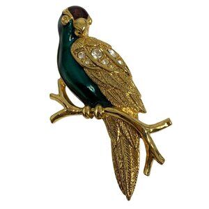 Majestic Gold-Tone Parrot Brooch Green Enamel w/ Rhinestones Signed Avon VTG